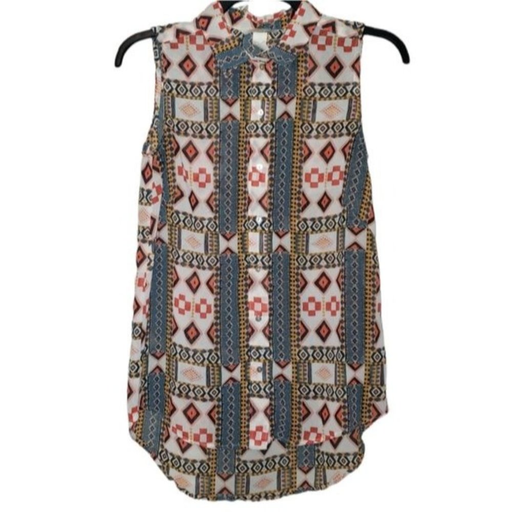 3/$15 H&M Tribal Sheer Button Up Sleeveless Shirt Size 2